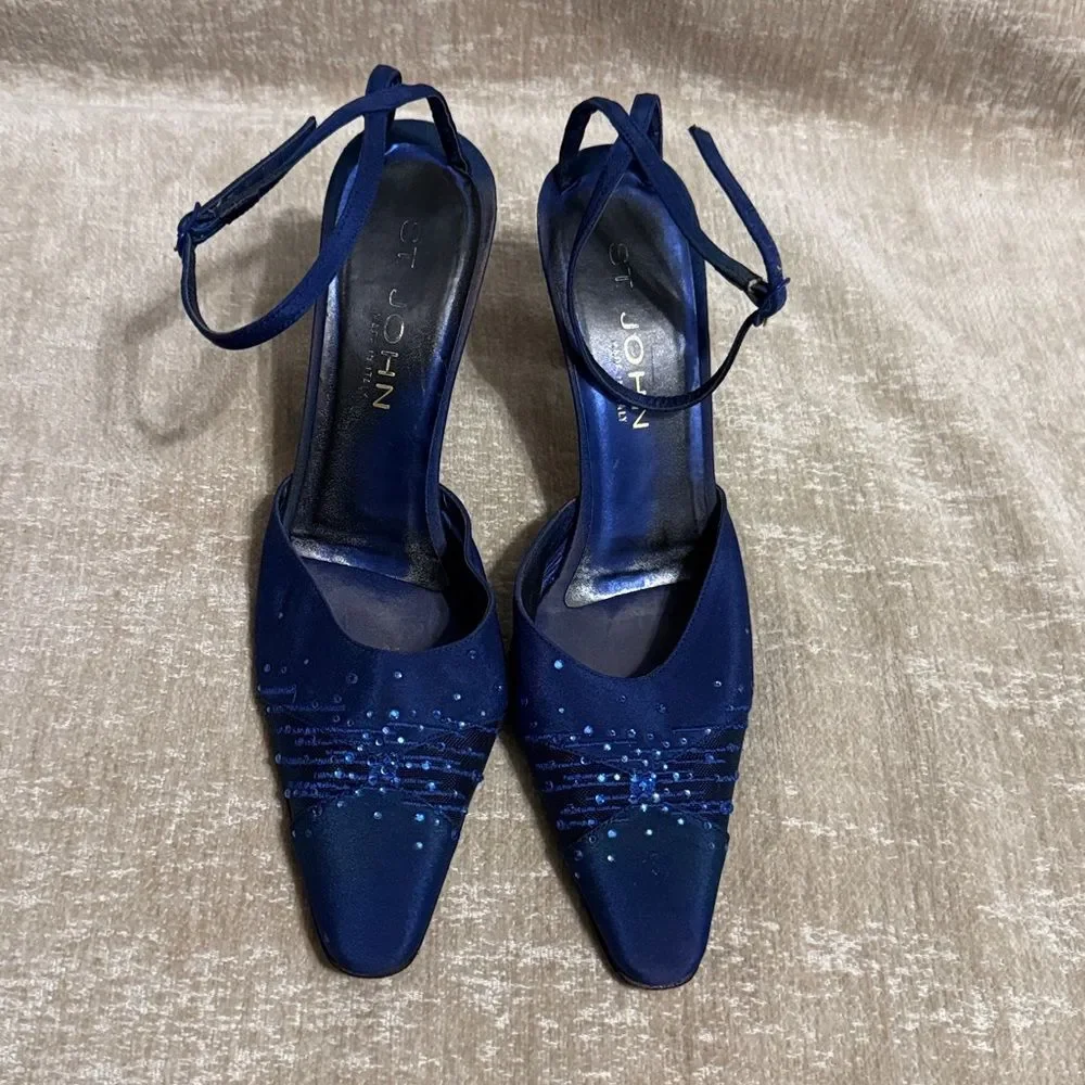 St. John Blue Italian Embellished Fabric Mesh Pointy Toe Slingbacks - Picture 2 of 14